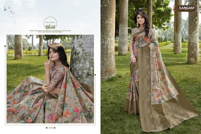 Sangam Elegance Latest Fancy Designer Festive Wear Heavy Pure Linen  Silk Digital Printed Sarees Collection 
